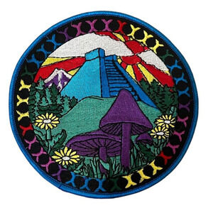 Large Psychedelic Mushroom Embroidered Patch with Chichen Itza on it 4.75"